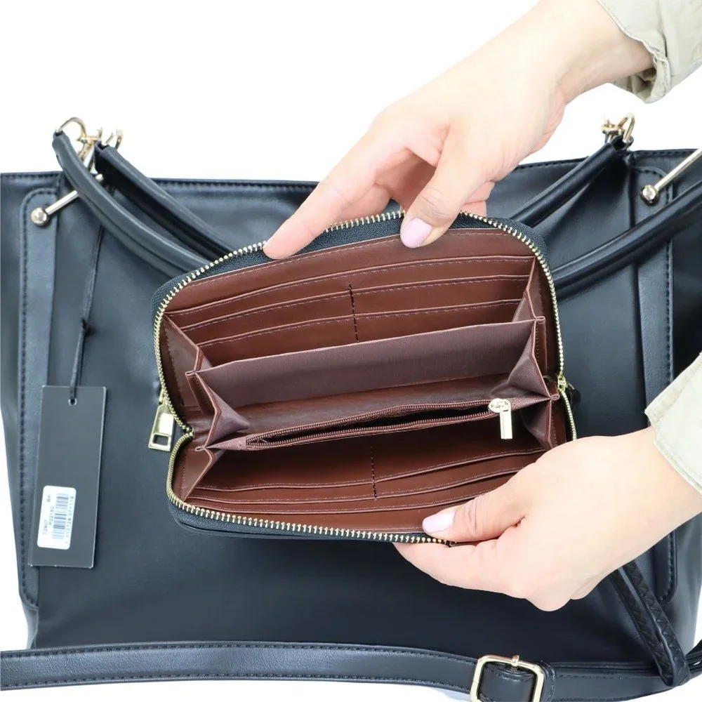 Black Faux Leather Purse and Wallet 2 in 1 Set Tote Hobo Bucket Shoulder Bag - Picture 4 of 12